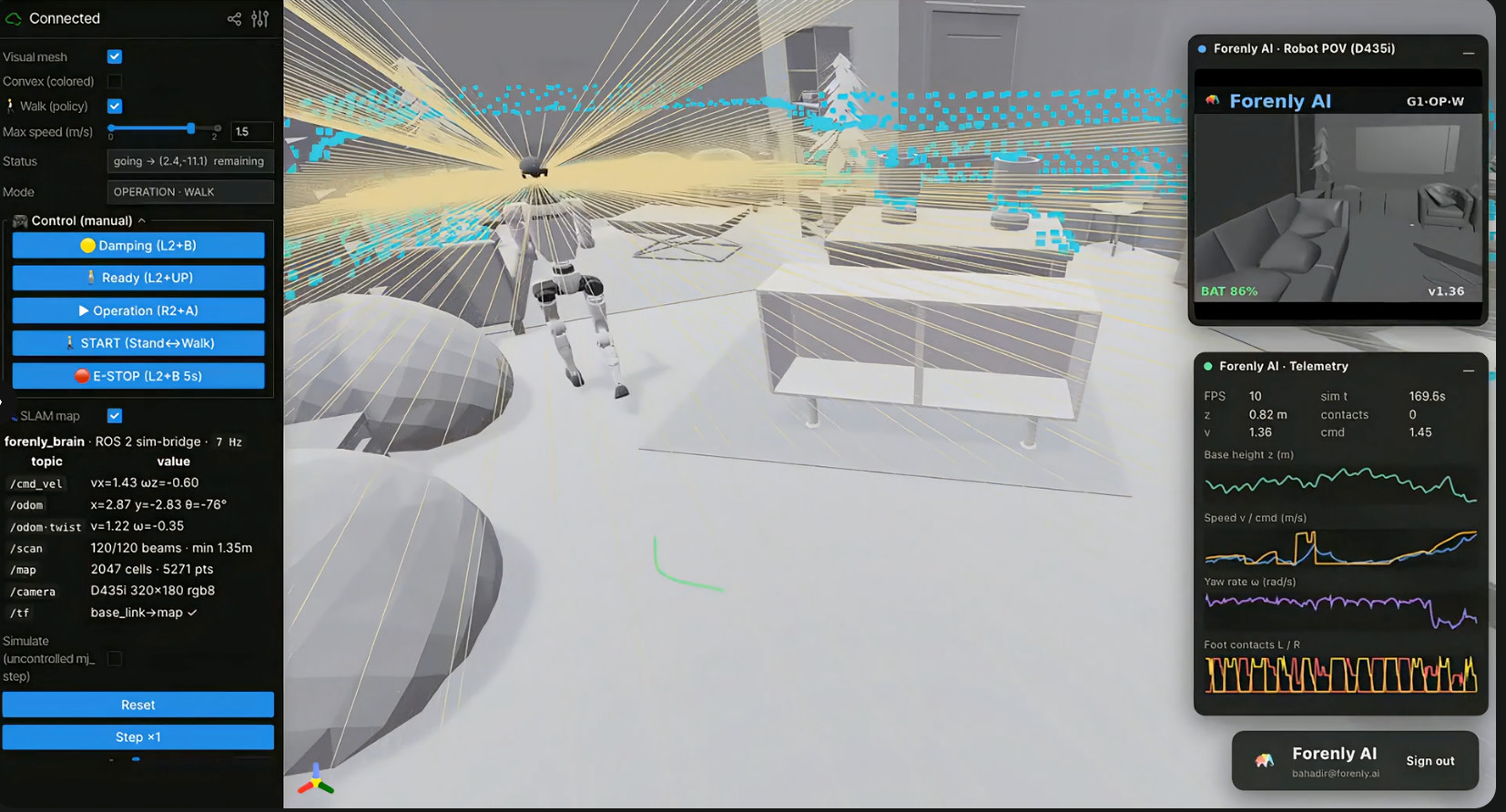 sim.forenly.ai — live simulation console with SLAM mapping, telemetry, and robot camera feed