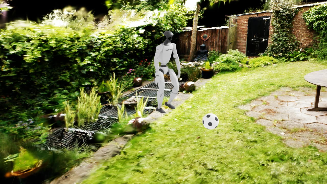 Unitree G1 humanoid mid-stride next to a ball on a reconstructed garden lawn